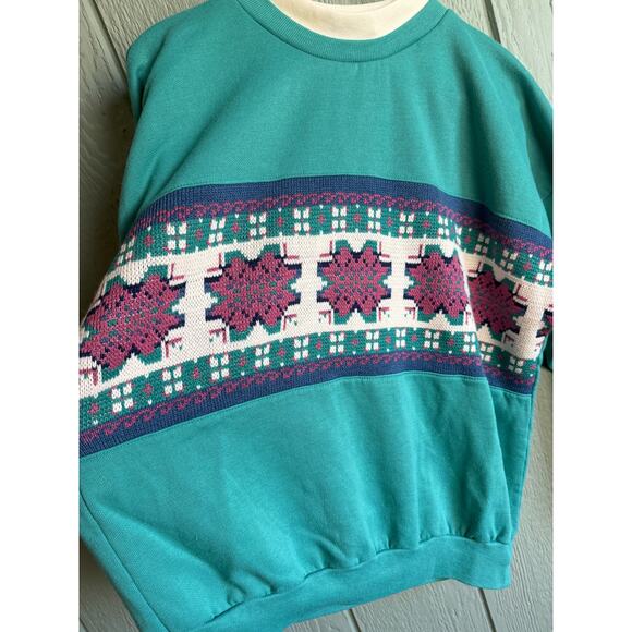 Vintage Geometric Knit Sweatshirt Women’s L USA Made Teal 90s - Picture 3 of 6